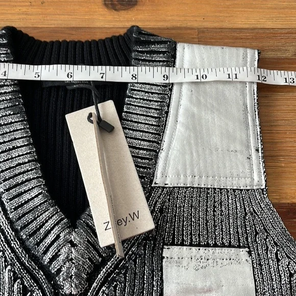 Zoey W. Los Angeles Metallic Knit V Neck Patch Vest Grey Silver - Picture 12 of 12